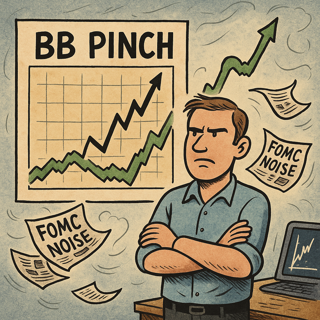 Satirical cartoon of breakout forming post-FOMC while trader ignores the headlines.