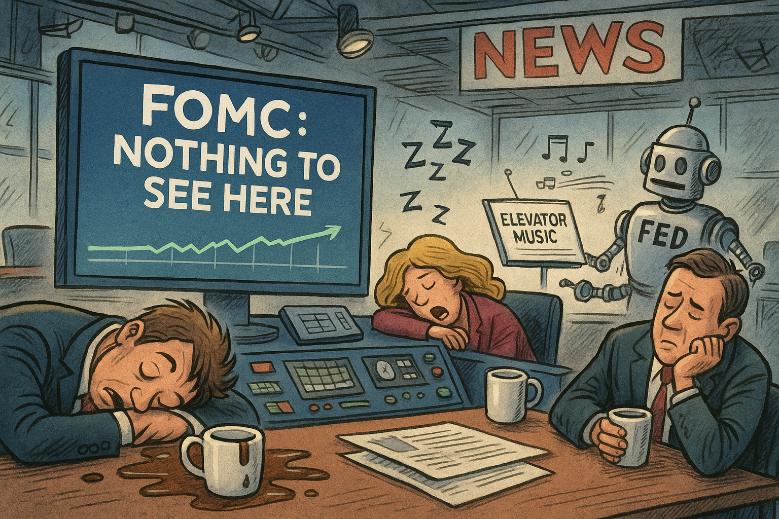 Comedy visual of traders ignoring a useless FOMC statement.