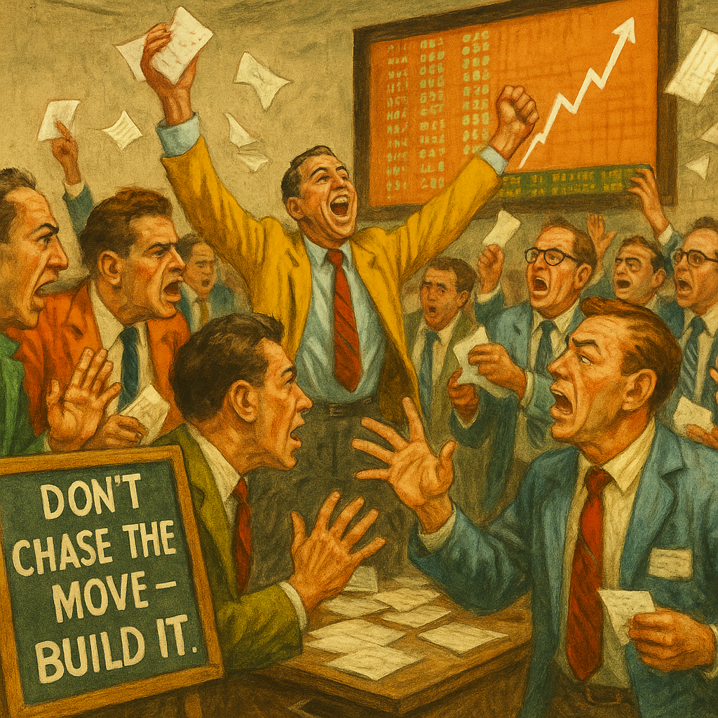 Vintage financial scene showing planned breakout execution.