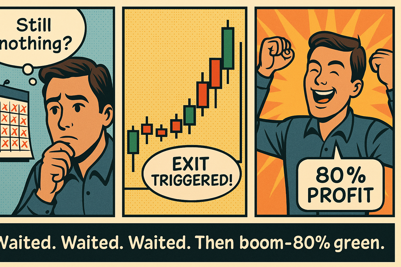 Trader waits patiently for profit — then exits big after holding through boredom.