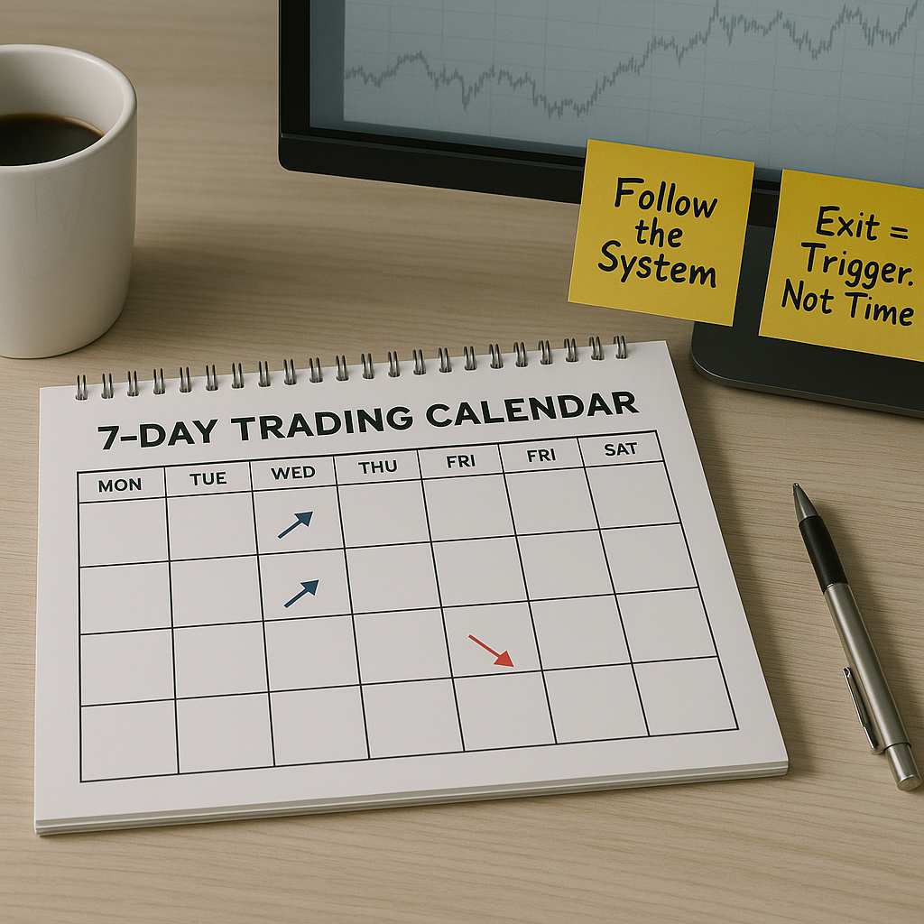 Visual reminder that trade duration is flexible — exits are rule-based, not time-based.