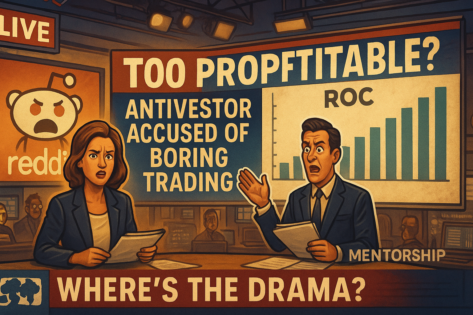 Satirical news studio mocks AntiVestor system for being too reliable for thrill-seeking traders.