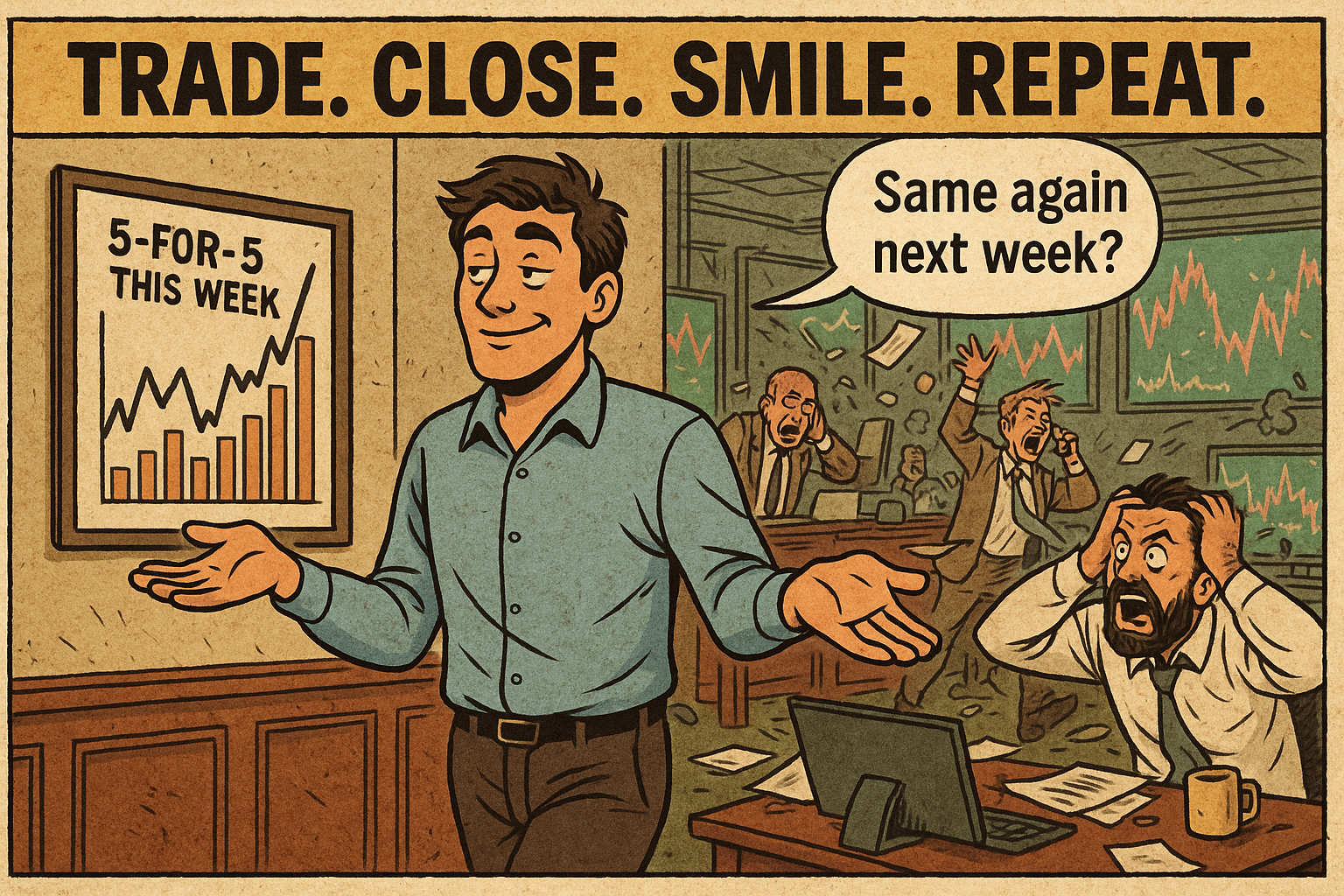 Trader walks away after five straight wins while others panic during volatility. 