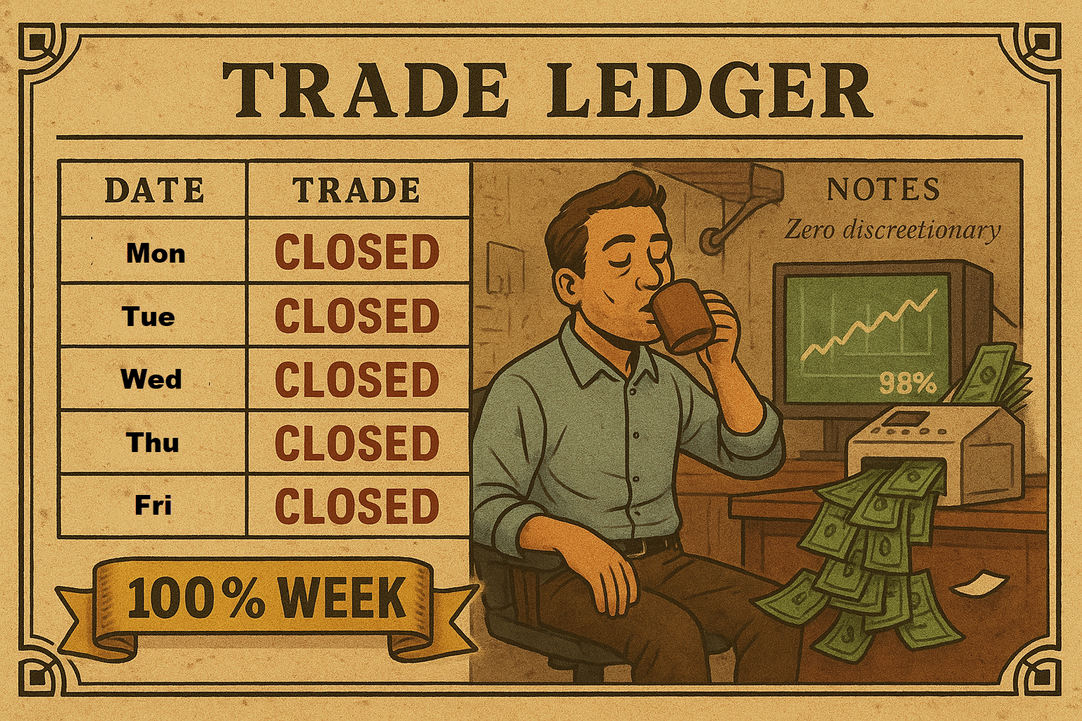 Vintage-style trade record showing five-for-five week with mechanical results and no notes of discretion.