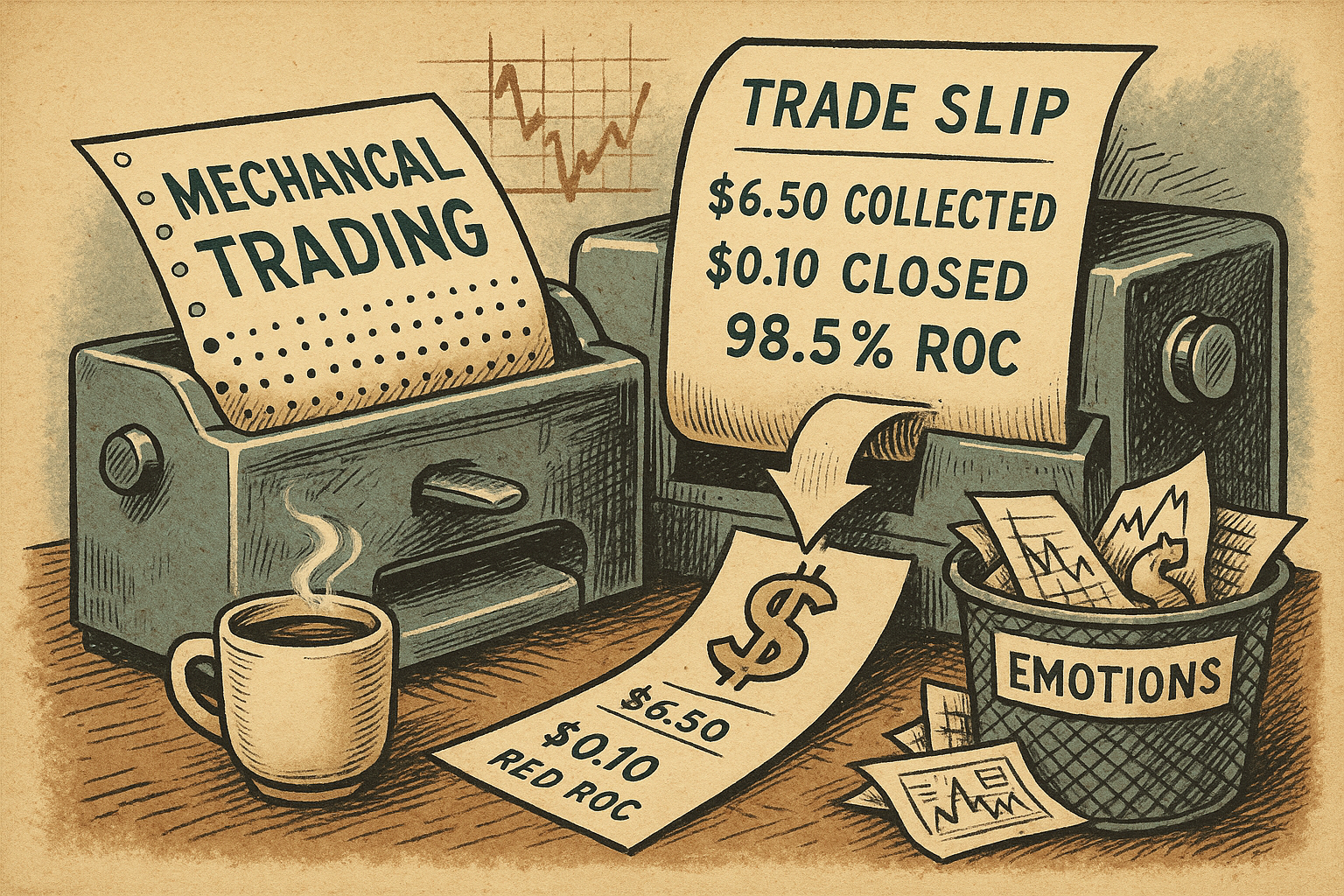 Old-school metaphor for mechanical SPX trading system producing precise profit slip.