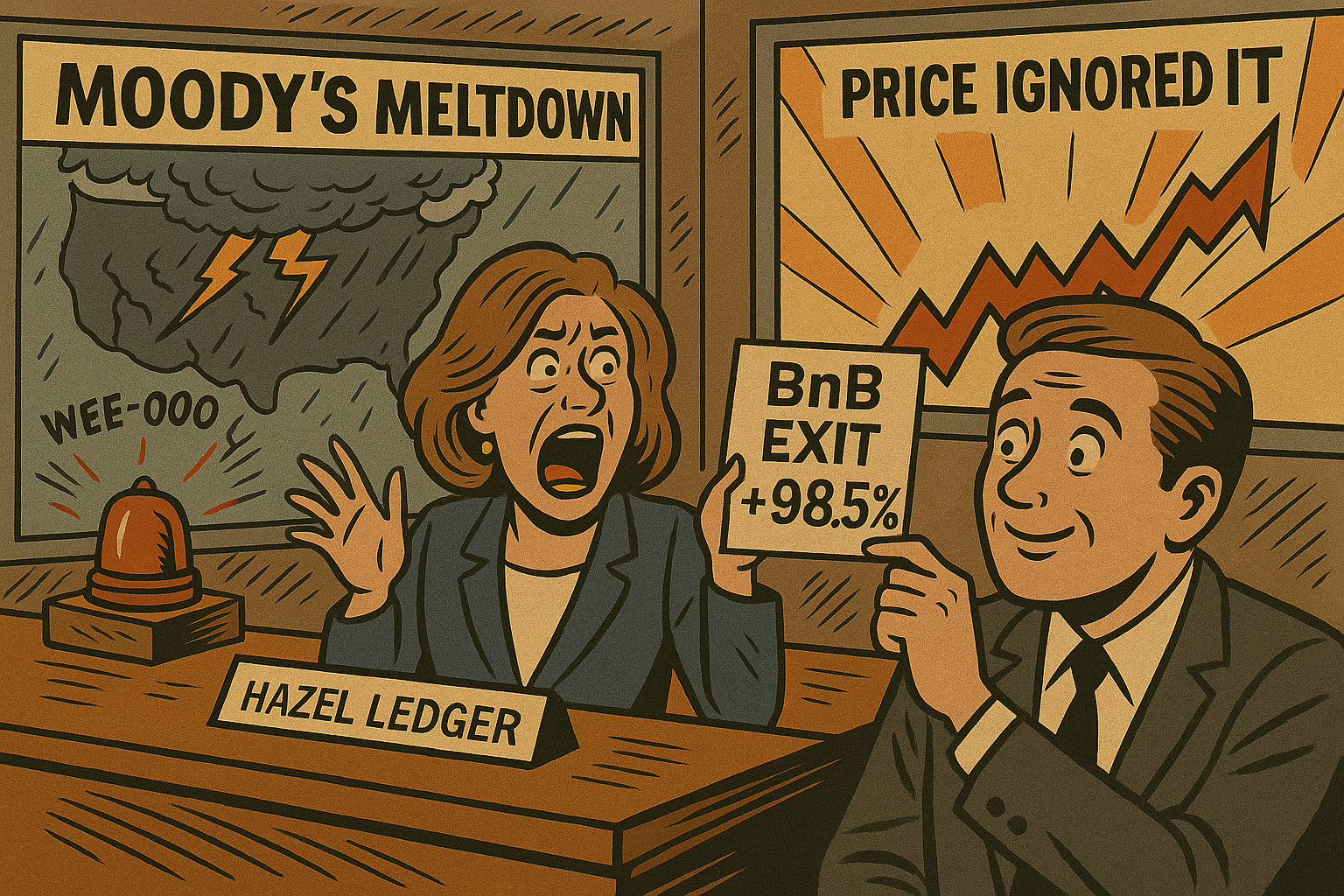 Satirical weather parody where the system trades through chaos while the news overreacts.