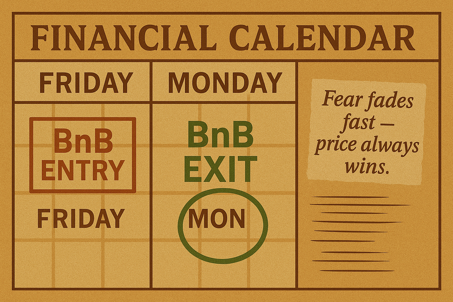 Vintage trading calendar showing BnB entry and exit as a lesson in patience.