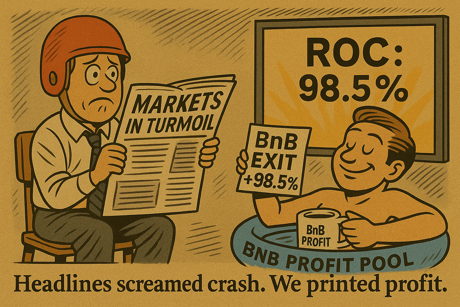 Cartoon-style contrast between panic and profit, mocking emotional trading during news chaos.