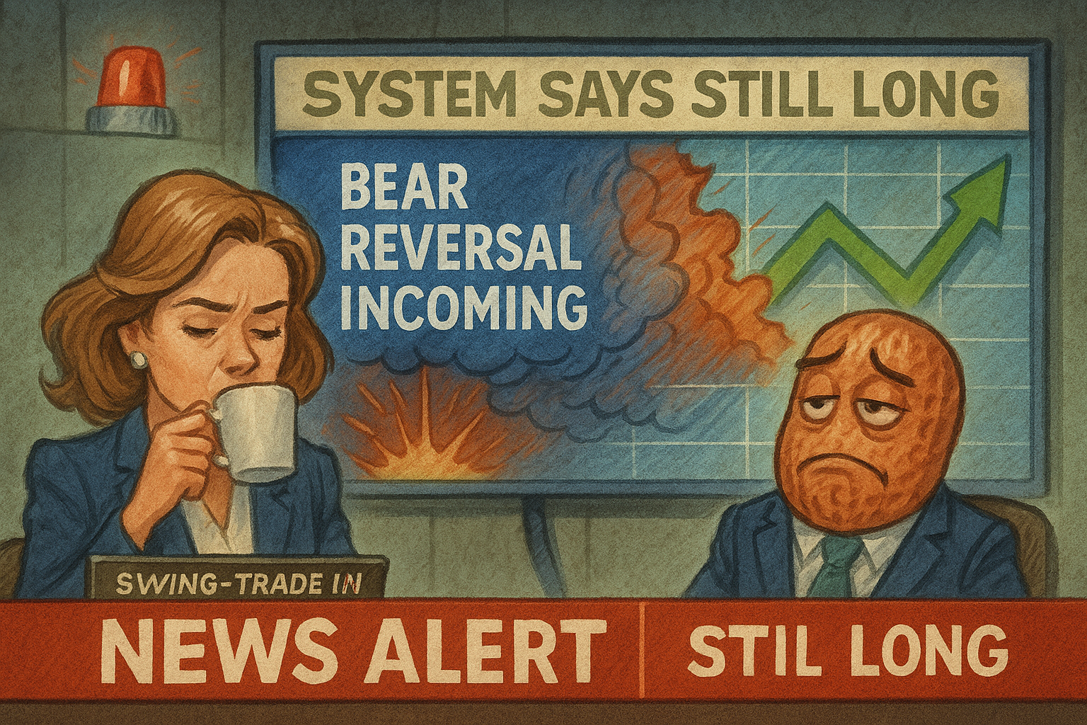 Satirical newsroom image mocking market fear as system calmly holds swing position.