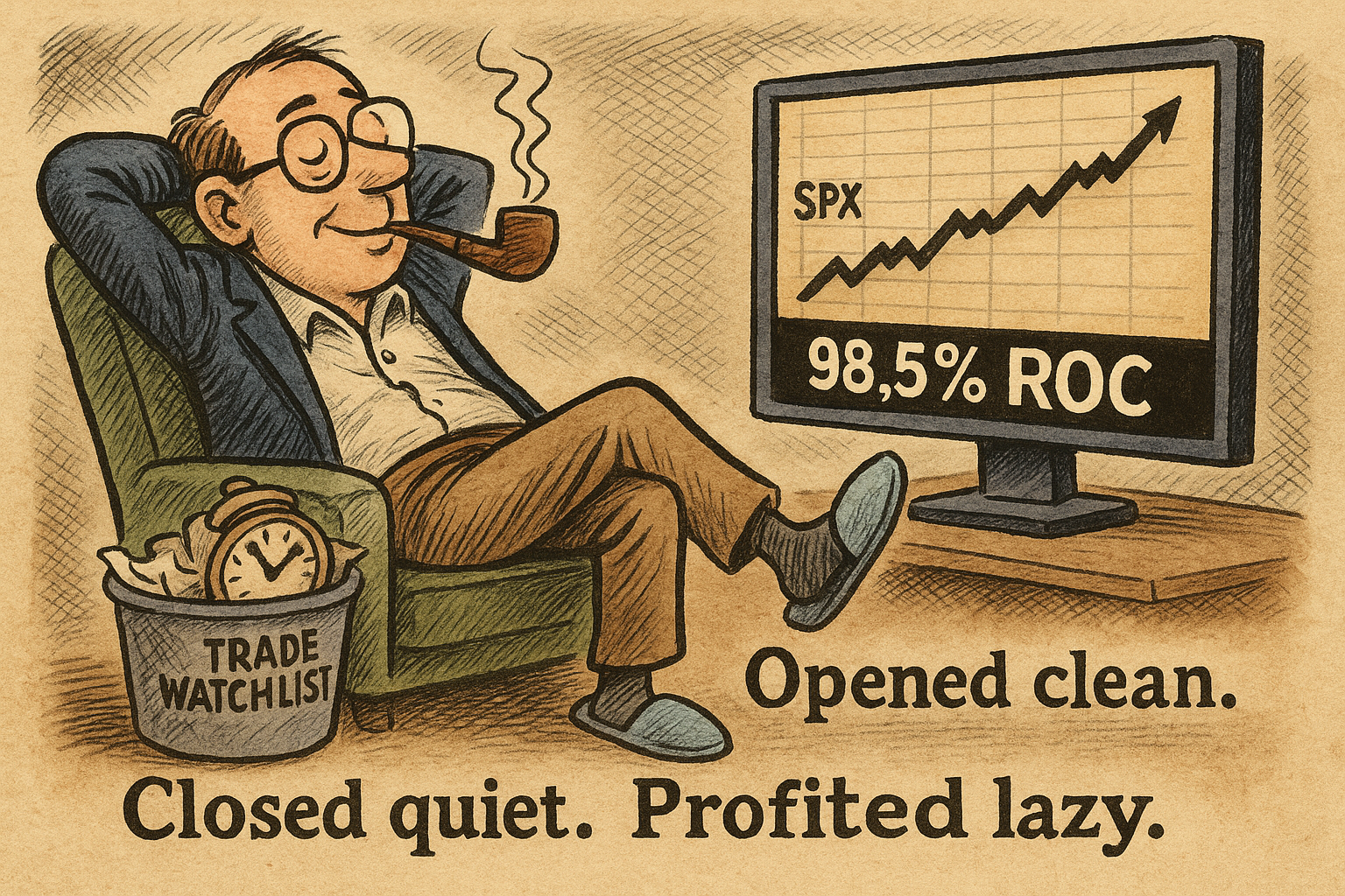 Satirical cartoon showing trader relaxing while the system quietly exits for profit.