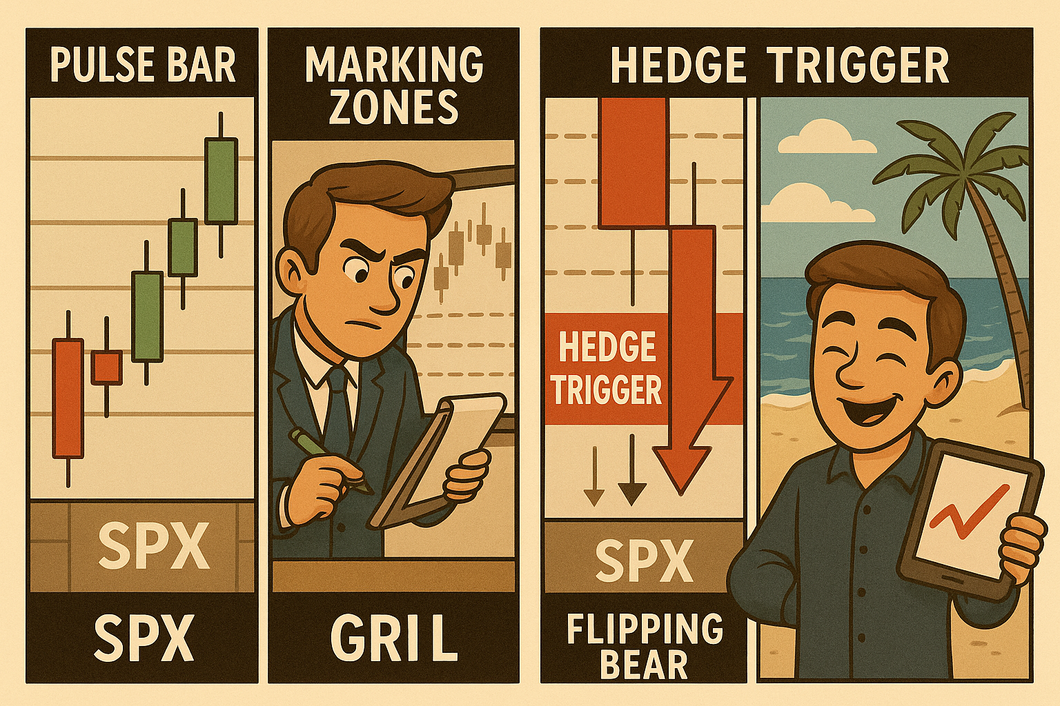 Trade zones and execution points visualised over SPX price ch