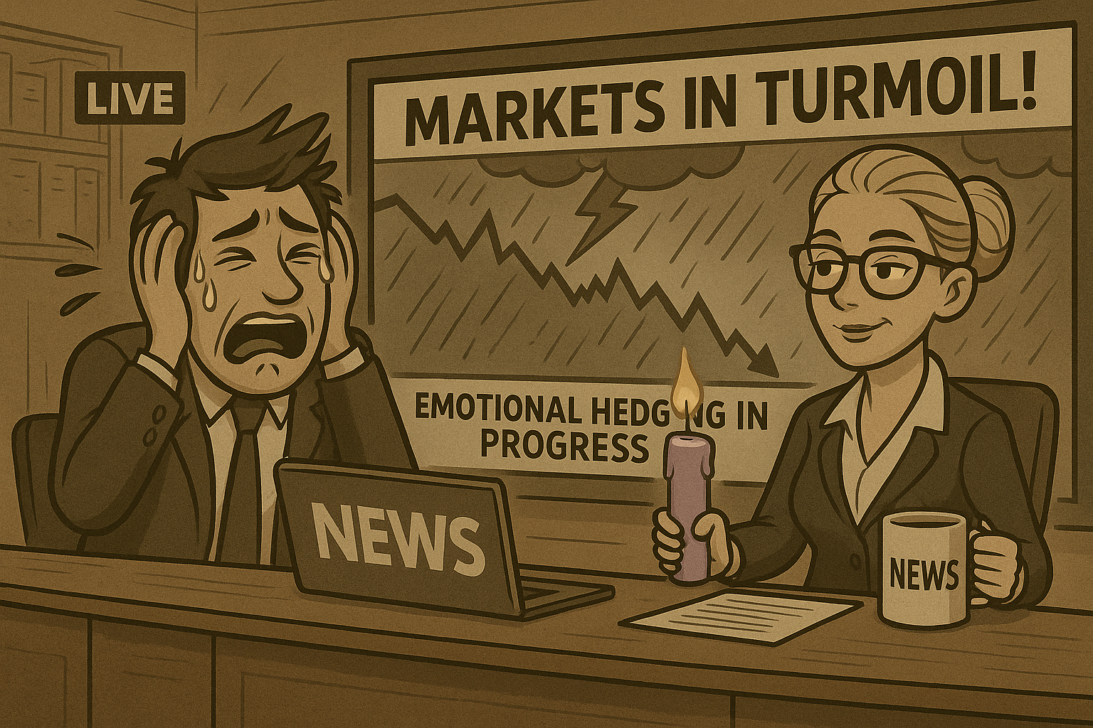 Satirical image of emotional hedging via candles during volatile trade