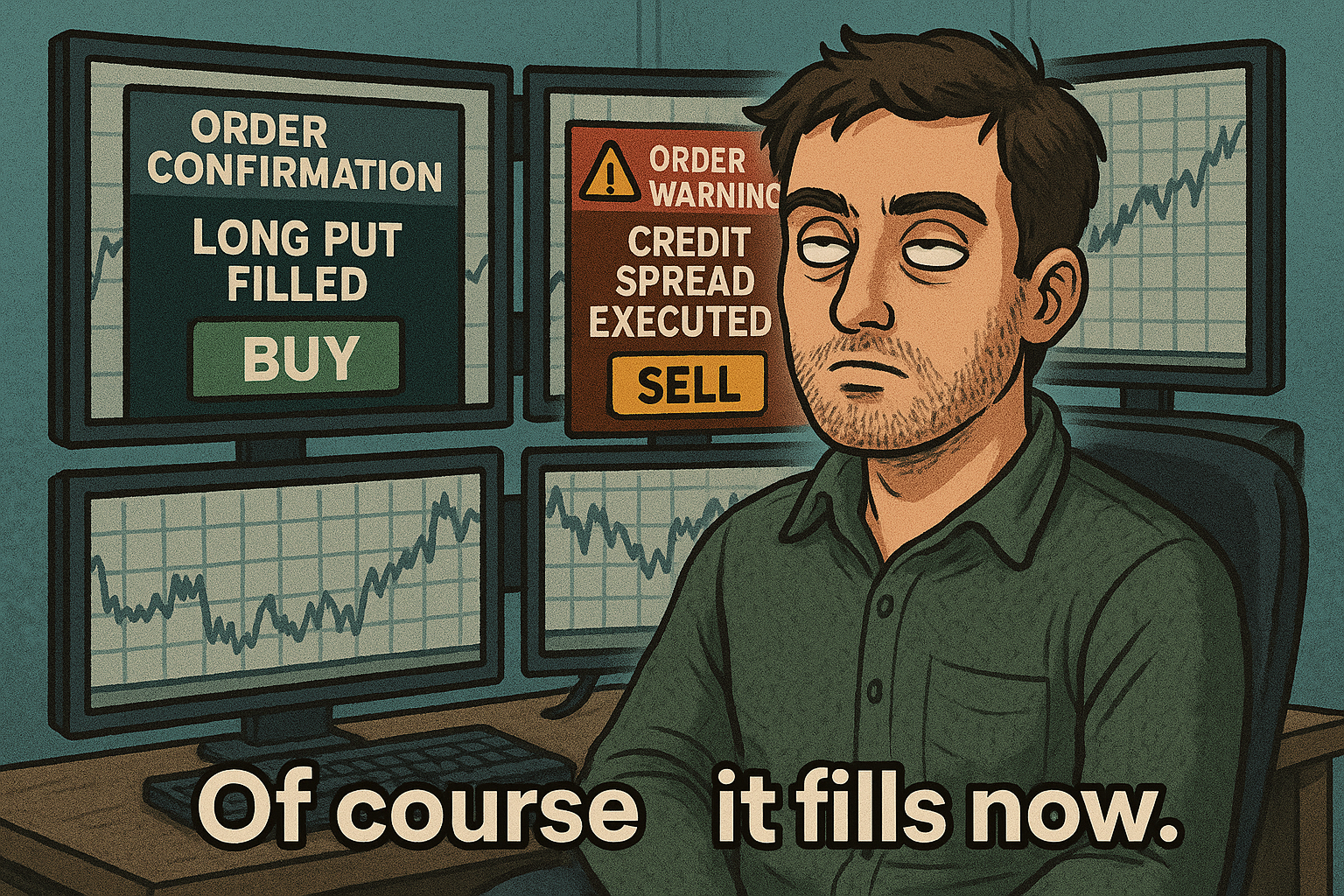 Meme of frustrating but common trade fill sequence