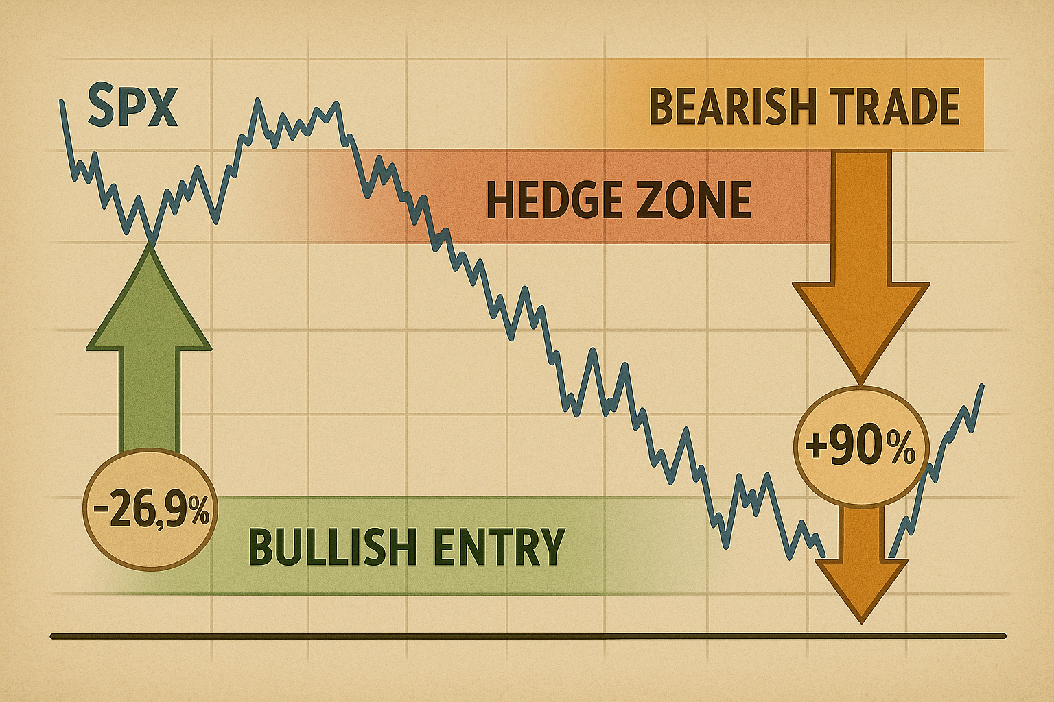 Trade zones and execution points visualised over SPX price chart