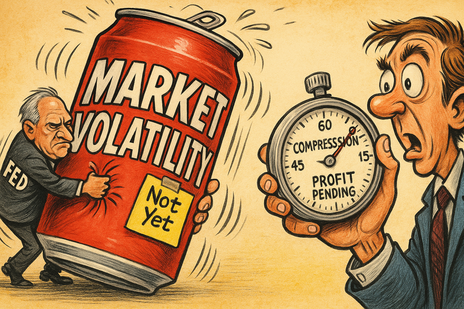 Cartoon metaphor showing tight market conditions before a breakout.