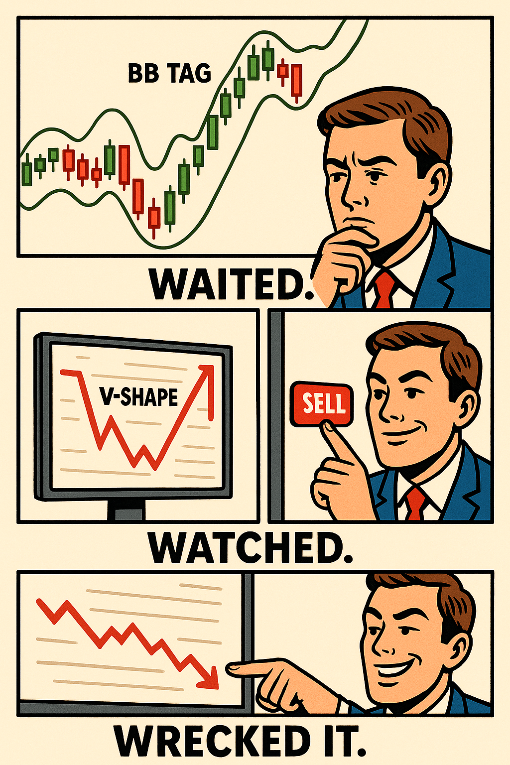 Meme showing bearish entry after V-shaped confirmation.