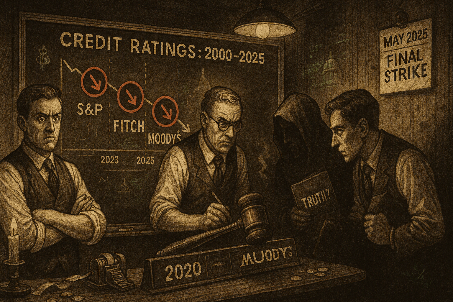 A vintage brokerage room with three analysts facing a chalkboard marked “Credit Ratings: 2000–2025” showing S&P, Fitch, and Moody’s downgrades. A shadowy figure holds a folder labeled “Truth?” beside a wall calendar stamped “May 2025 – Final Strike,” all lit by candlelight and an overhead bulb.