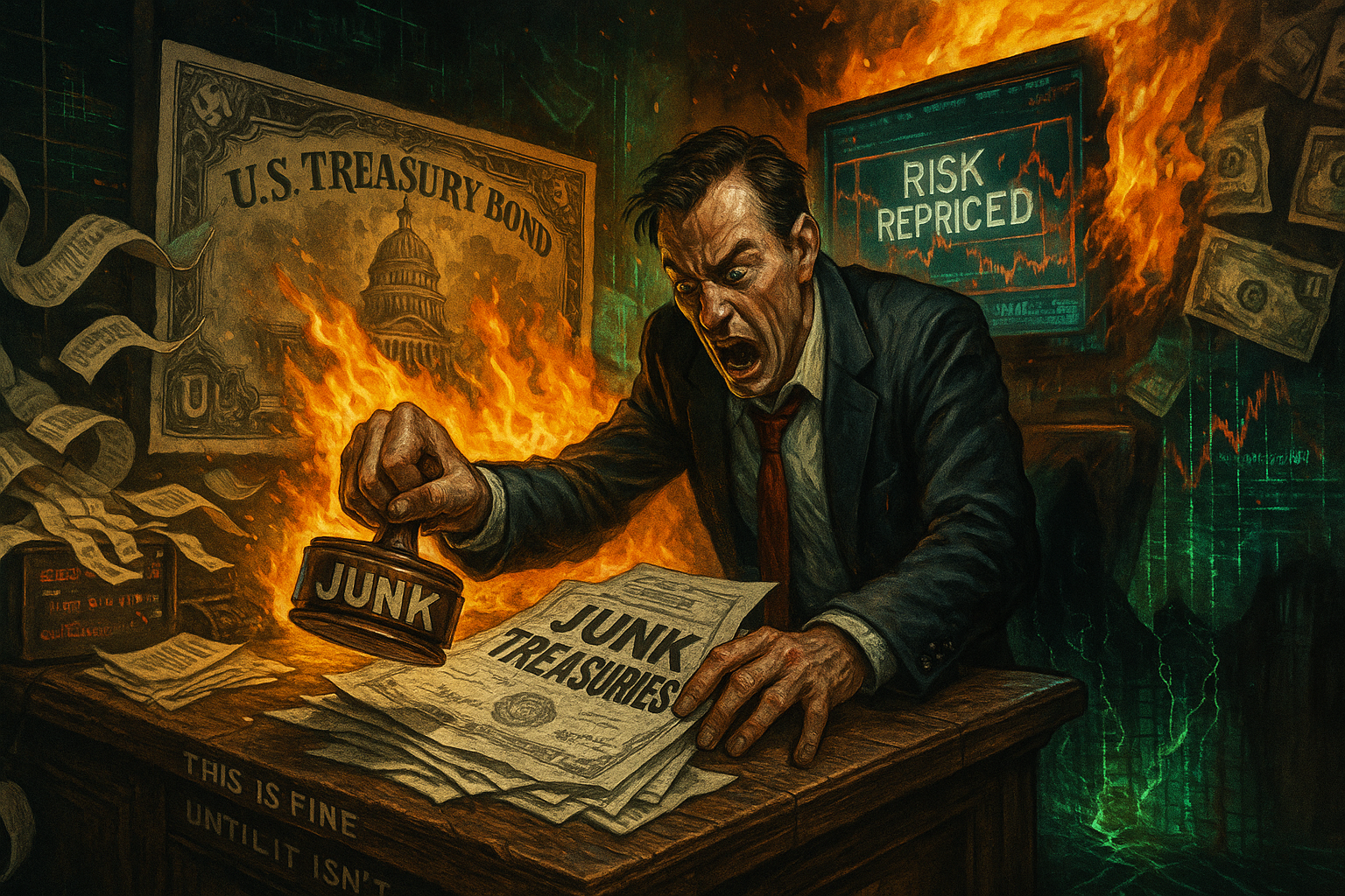 A panicked trader slams a “JUNK TREASURIES” stamp onto his desk as a U.S. bond burns behind him. The office splits open to reveal glitching code, a flaming terminal reading “RISK REPRICED,” and dollar bills melting off the wall.