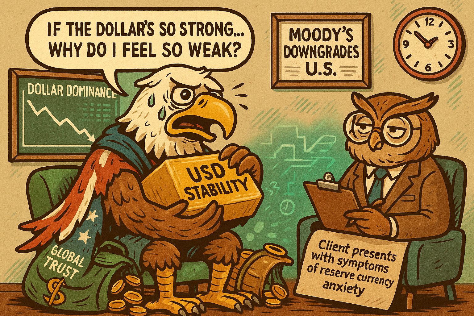 A cartoon bald eagle in therapy clutches a gold bar labeled “USD STABILITY” while saying, “If the dollar’s so strong… why do I feel so weak?” An owl therapist takes notes on “reserve currency anxiety” beneath a chart showing dollar dominance falling and a headline about Moody’s downgrade.