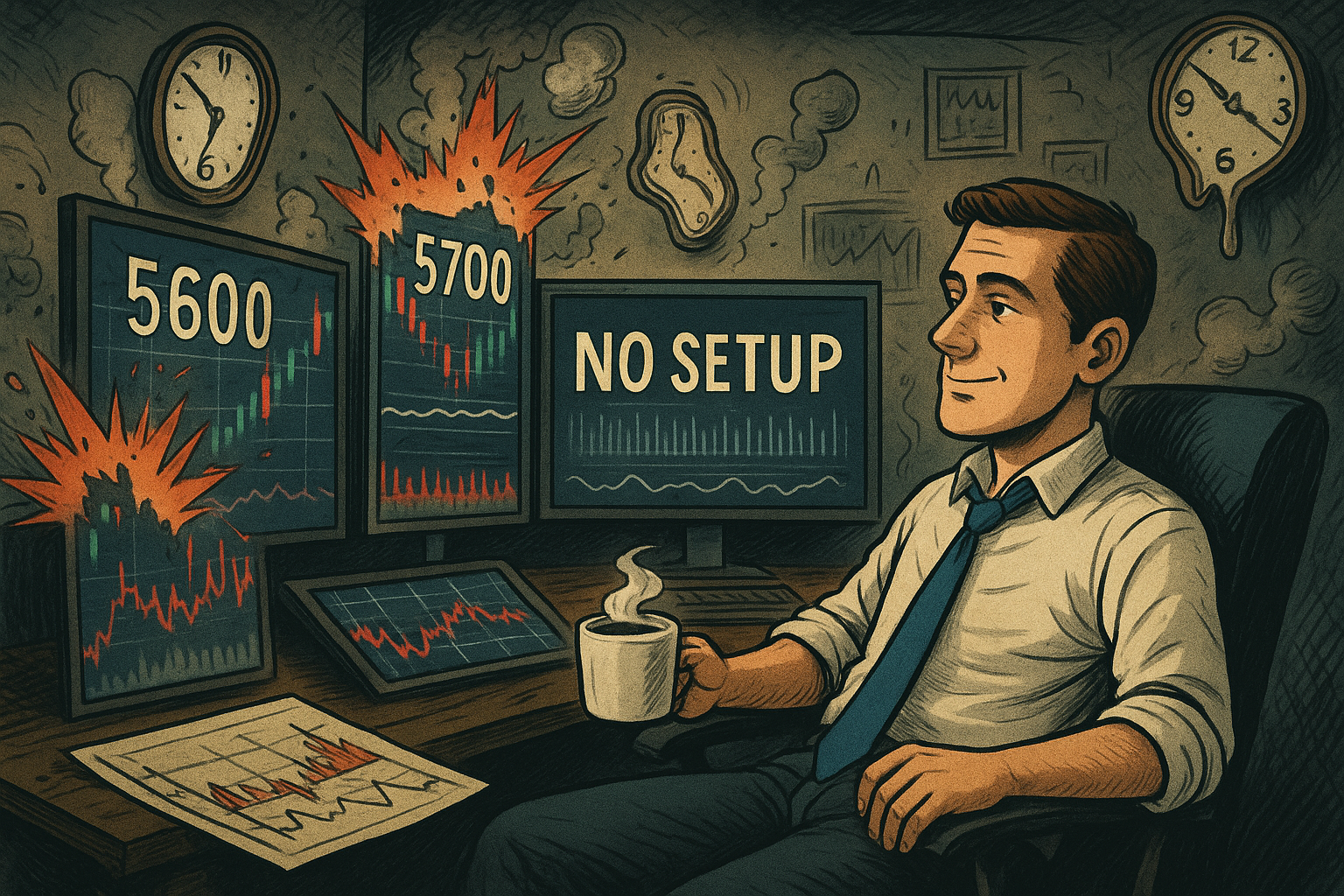Trader relaxing while market compresses between resistance and support.