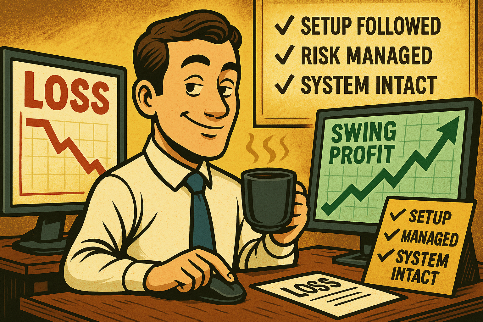 Calm trader reviewing a loss trade with confidence as the system swing shows profit.