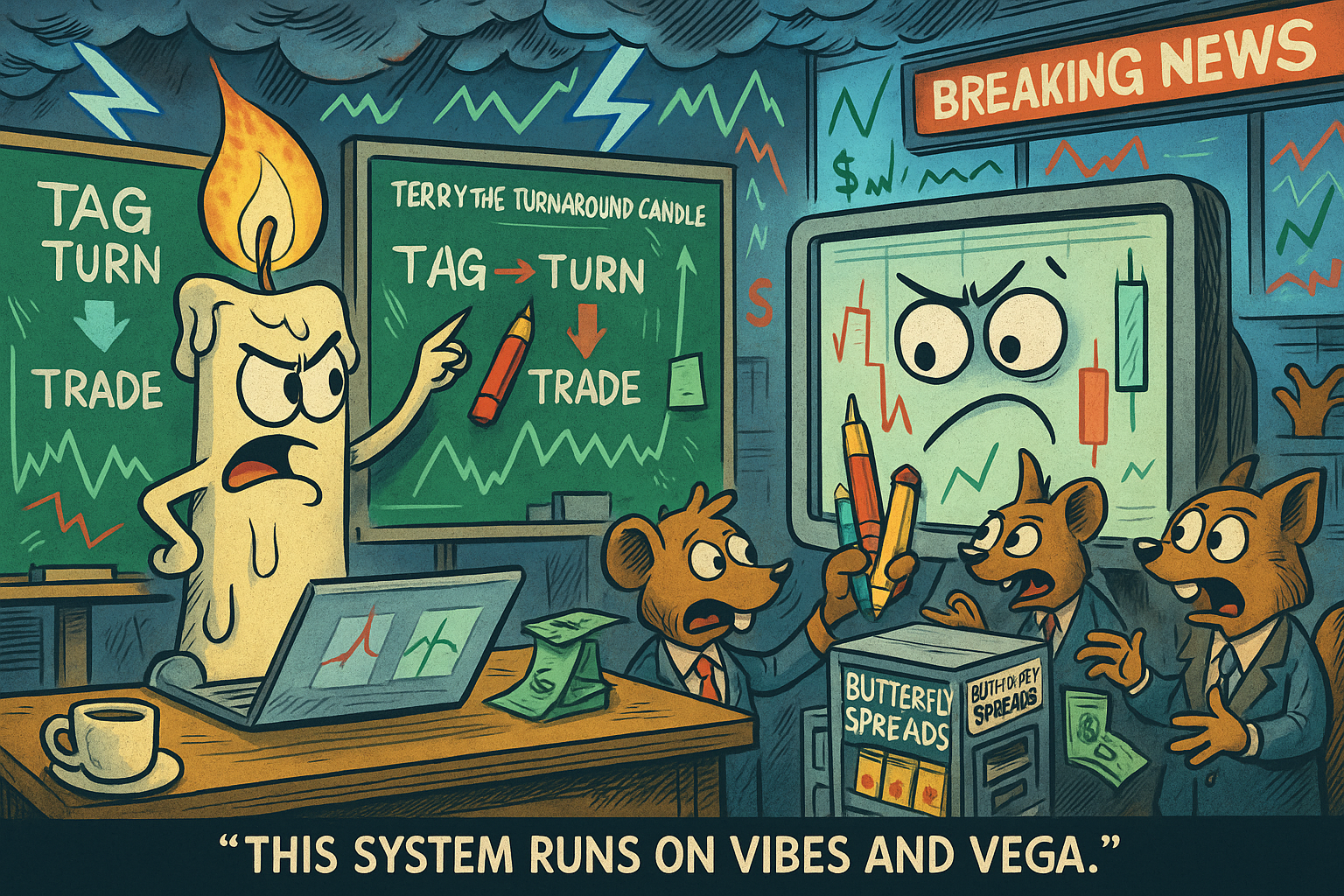 Satirical AI and squirrels misusing the Tag n Turn setup in chaos.