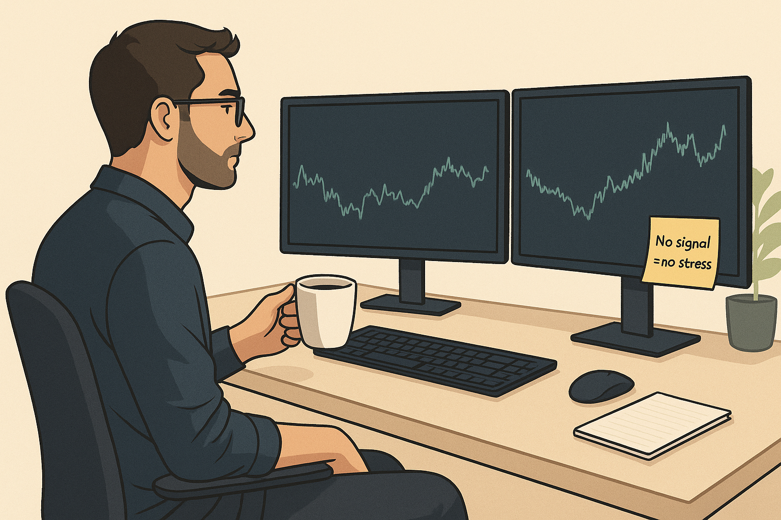 Trader calmly watching screens with no trades taken, embracing cash as a position