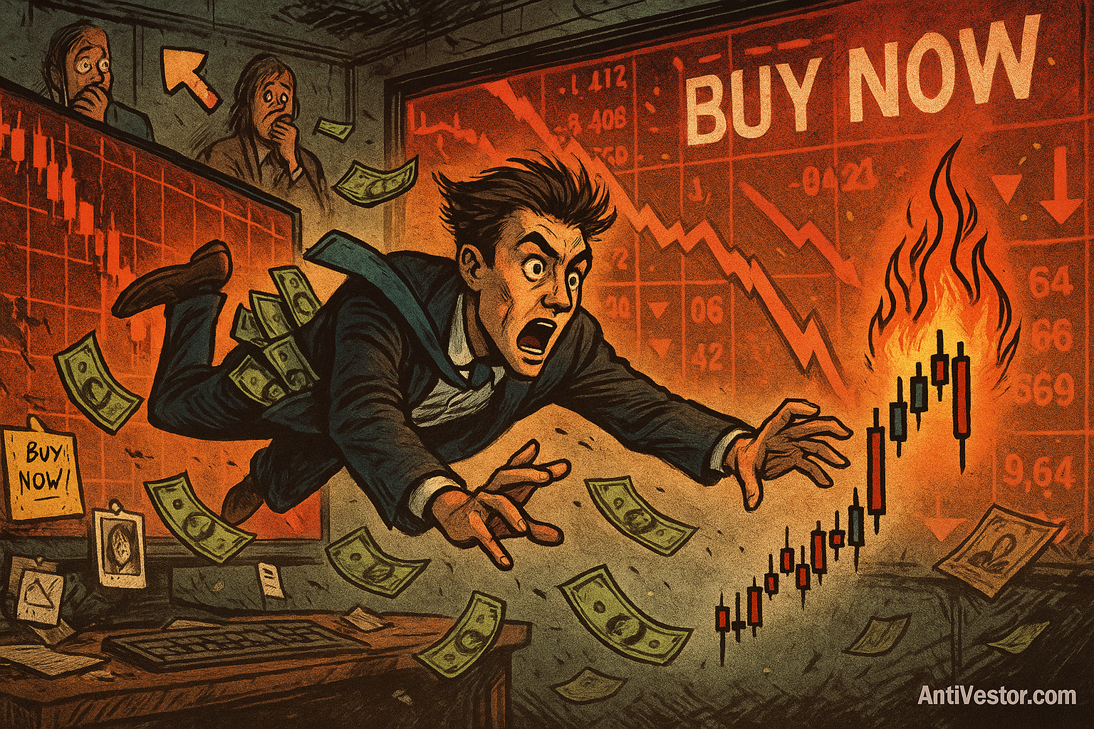 Trader chasing a runaway chart, burning money mid-air, symbolizing the cost of FOMO