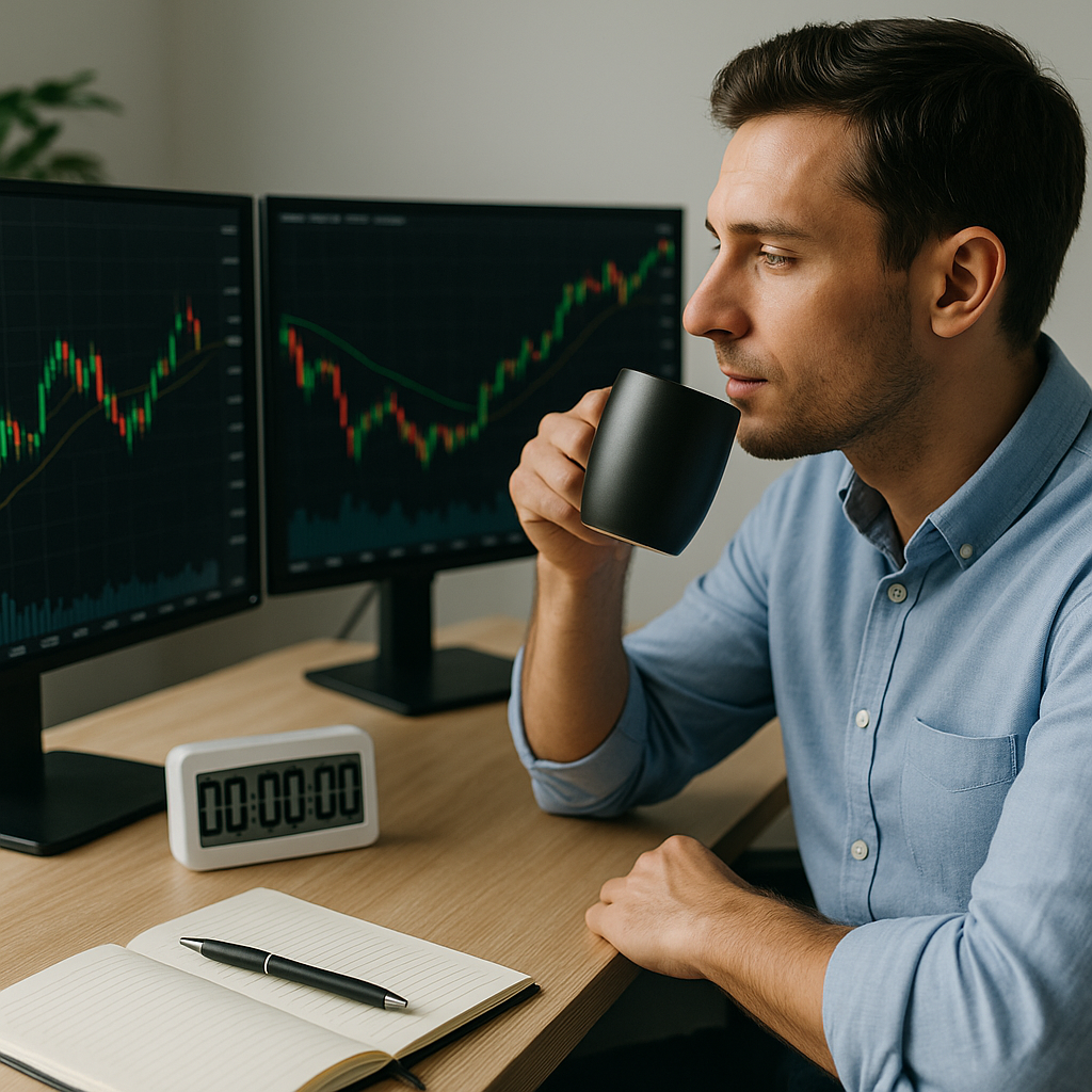 Style: Calm & Strategic Trading Scene: Trader sipping coffee, desk timer beside them reading "00:00:00" — they’re waiting for the moment, not forcing it. ALT Text: "Trader calmly waiting for a setup, showing patience as a strategic edge"