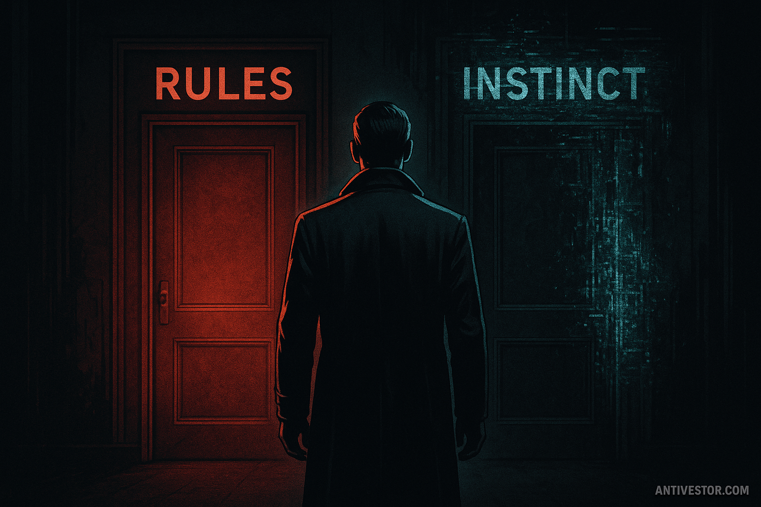 Style: Red-Pill Matrix Noir Scene: Trader in a trench coat standing before two doors: one glowing with “Rules”, the other chaotic and glitching with “Instinct”. He chooses discipline. ALT Text: "Trader choosing discipline over chaos, framed like a red-pill Matrix moment"