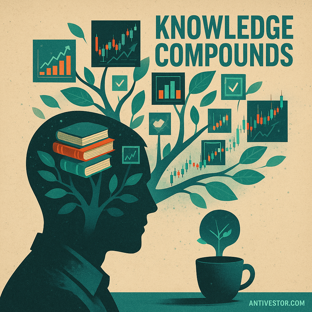 Knowledge compounding like a tree from a trader’s mind, visualizing the growth of experience over time