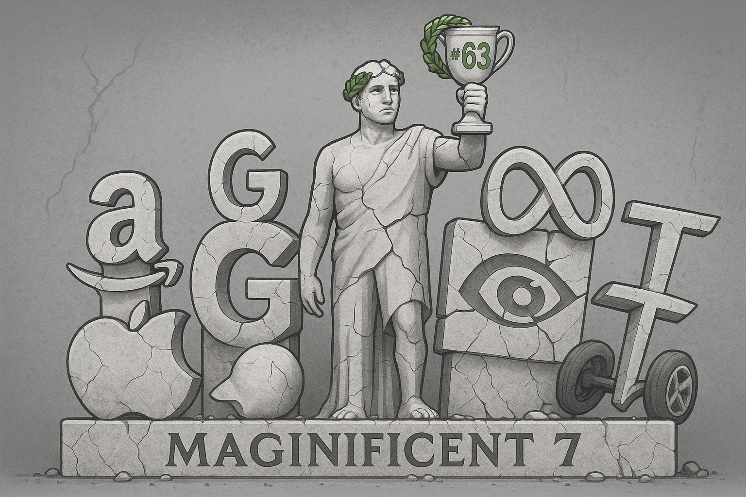 2025 Underperformance Chart A cracked marble statue of the “Magnificent 7” crumbling, with Meta holding a limp trophy marked “#63.” Apple is faceplanted. Tesla’s wheels have fallen off.