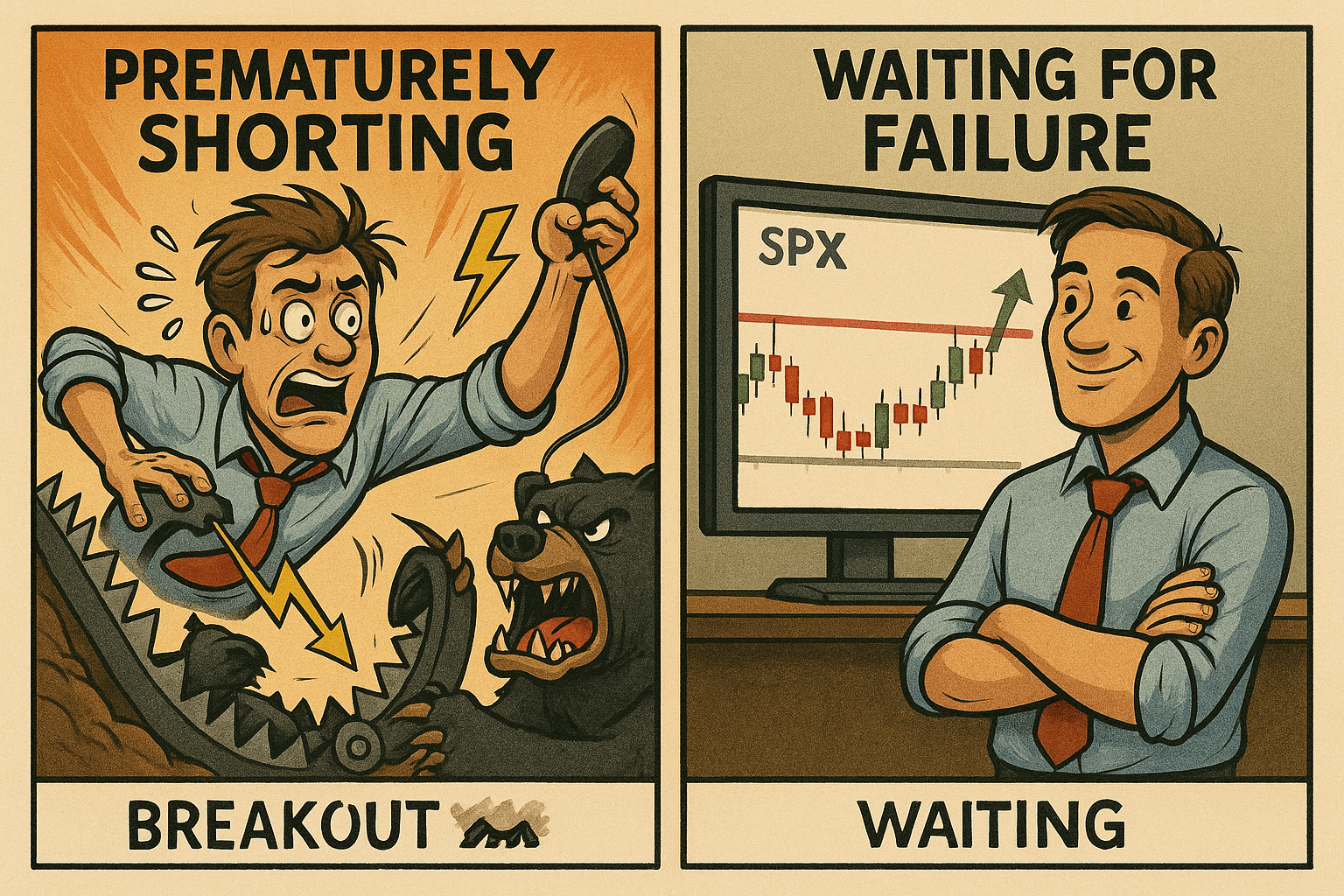 Comic shows common mistake of fading too soon vs. waiting for failure.