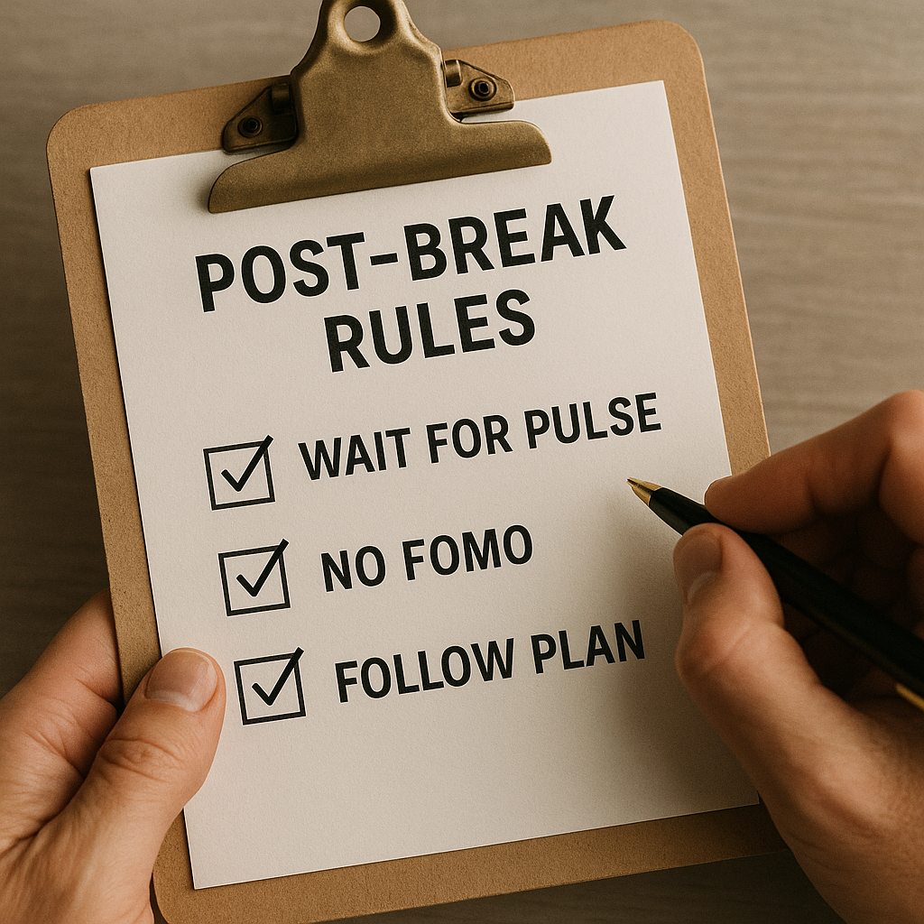 Strategic trader’s rule list showing how to avoid rushed trades after time off.