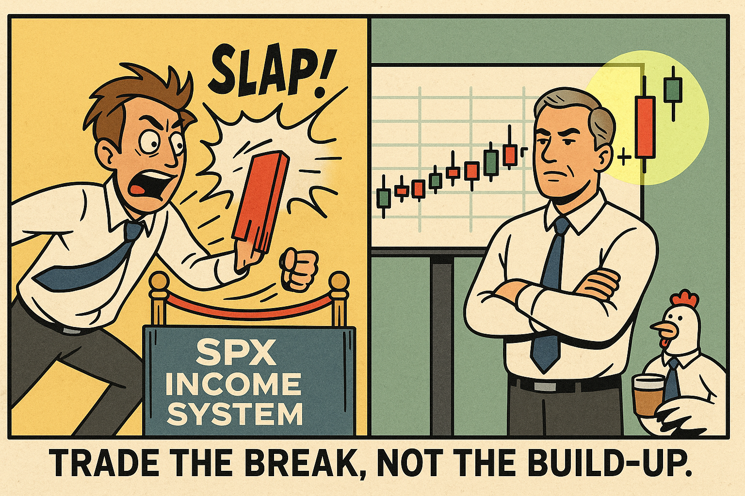 Comic panel shows the difference between premature trades and system confirmation. Caption: “Trade the break, not the build-up.”
