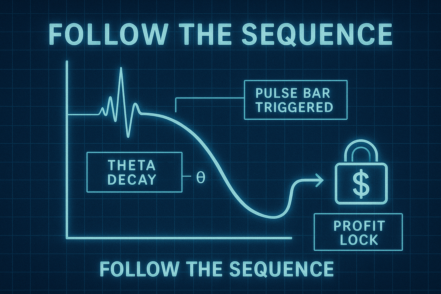 Retro blueprint schematic, background in deep navy with white gridlines. Central diagram shows ROC pulse bar ignition with clean arrows tracing path into theta decay and final profit target.
