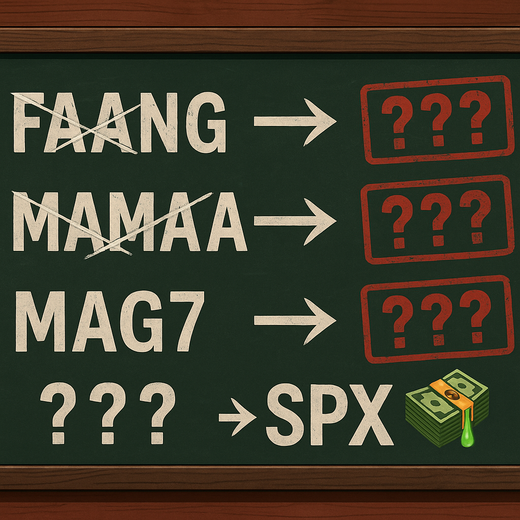 Timeline showing evolution: FAANG → MAMAA → MAG 7 Add key stock icons and notable events (e.g. Meta rebrand, NVDA AI breakout)