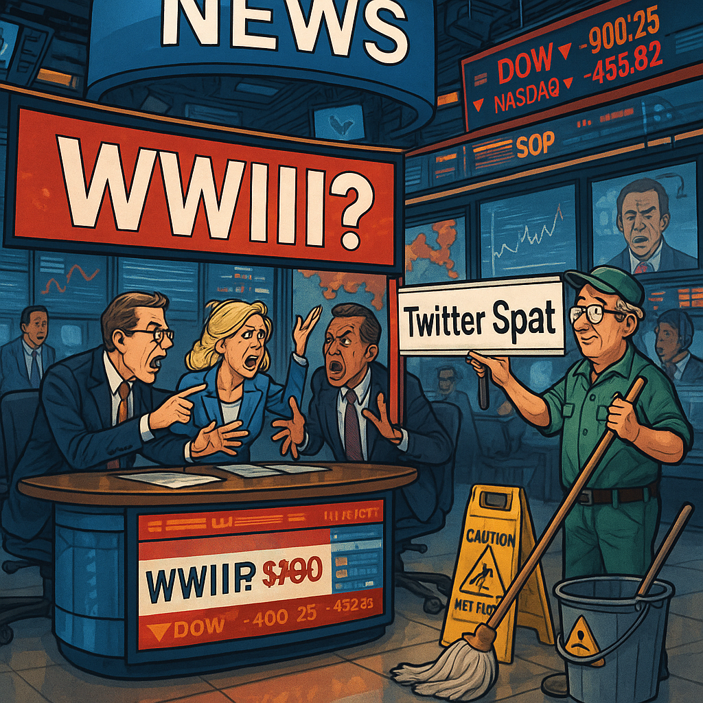 Satirical financial news scene replacing panic headline with mundane clarification. 
