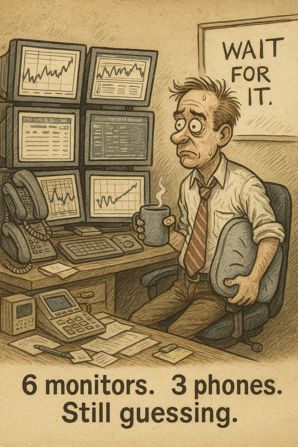 Nostalgic trading desk chaos with a sarcastic nod to overcomplication. Caption: “6 monitors. 3 phones. Still guessing.”