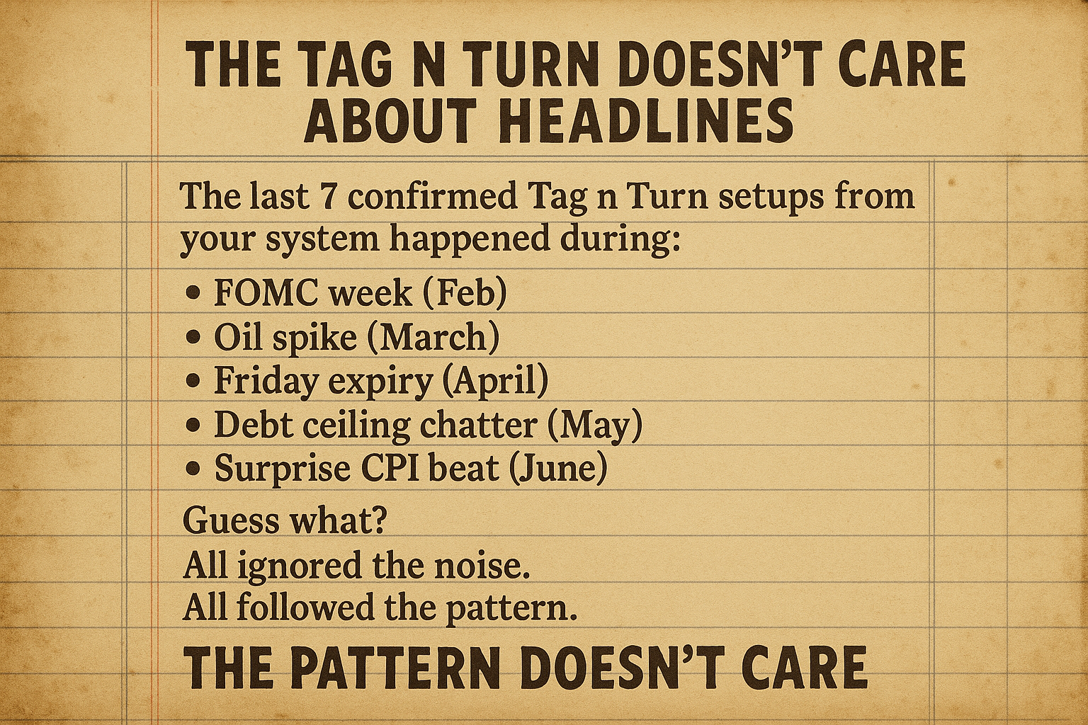 Vintage trading record showing pattern consistency during news events.