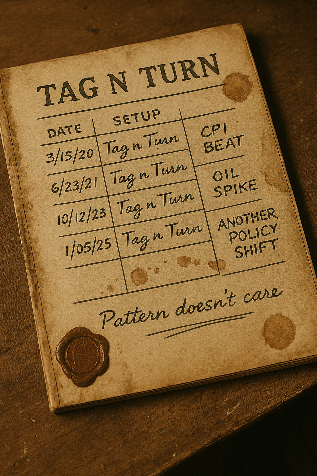 Aged trading ledger shows Tag n Turn pattern ignored macro noise.