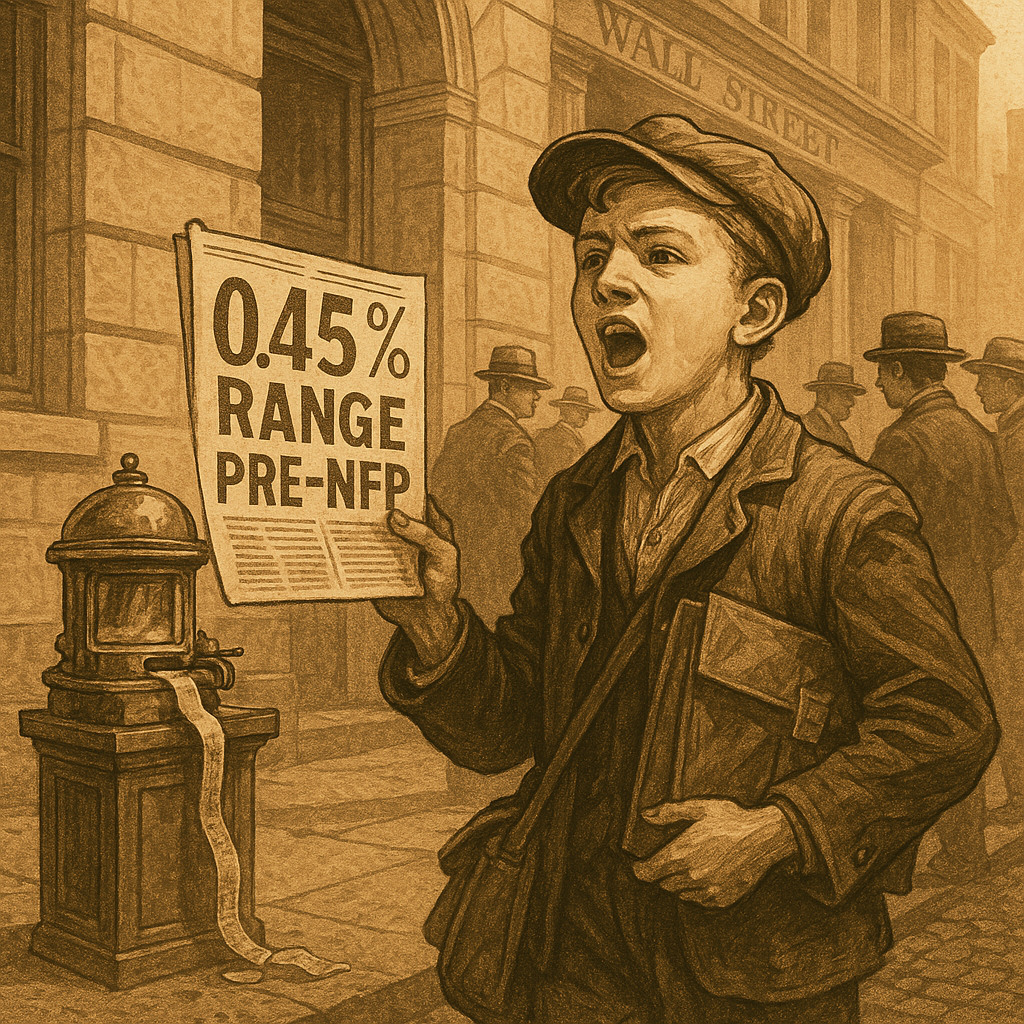 Sepia newsboy hawking headline about narrow SPX range before payroll Friday.