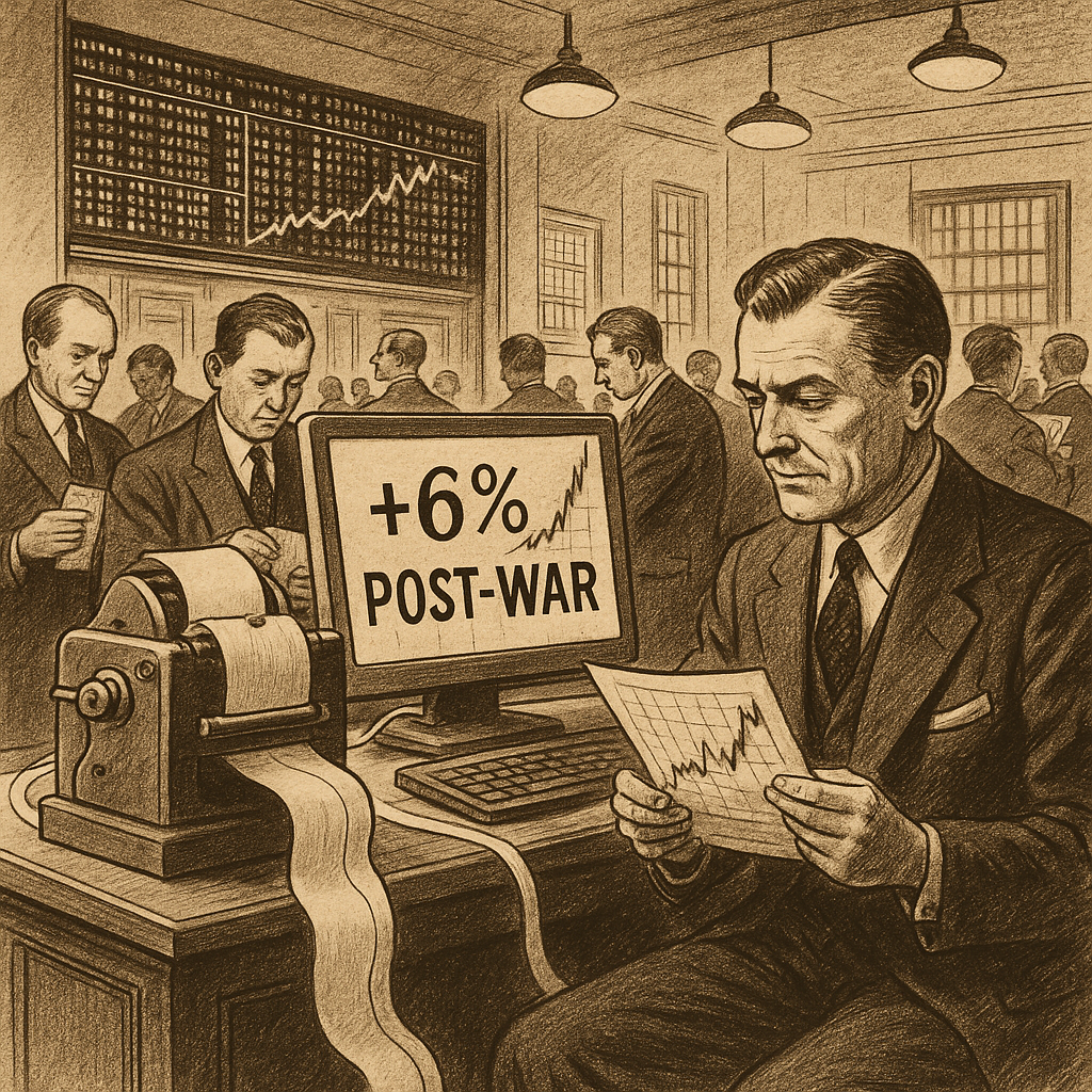 Vintage market floor illustration showing positive returns after war events.