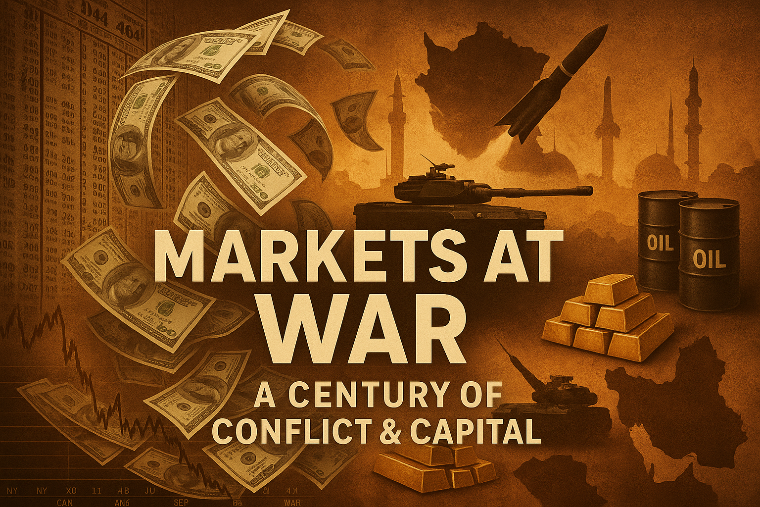A sepia-toned digital collage showing dollar bills swirling across a battlefield of financial symbols. Oil barrels, gold bars, missiles, and a tank flank a bold title: “Markets at War – A Century of Conflict & Capital.”