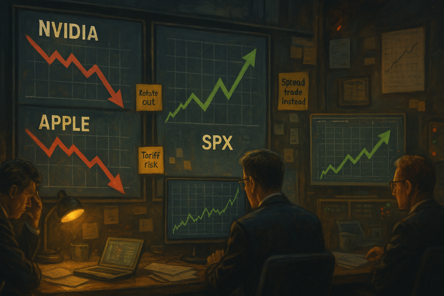 Hedge Fund Rotation Visual A Wall Street war room with charts showing red arrows out of NVIDIA and Apple, while SPX charts glow green in a side monitor. Post-its read: “Rotate out,” “Tariff Risk,” “Spread Trade Instead.”