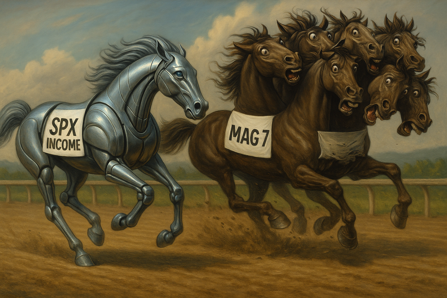 SPX vs MAG 7 Equity Curve Two racing horses: one smooth robotic stallion labeled “SPX Income,” the other a panicked seven-headed beast tripping over itself, labeled “Mag 7.”