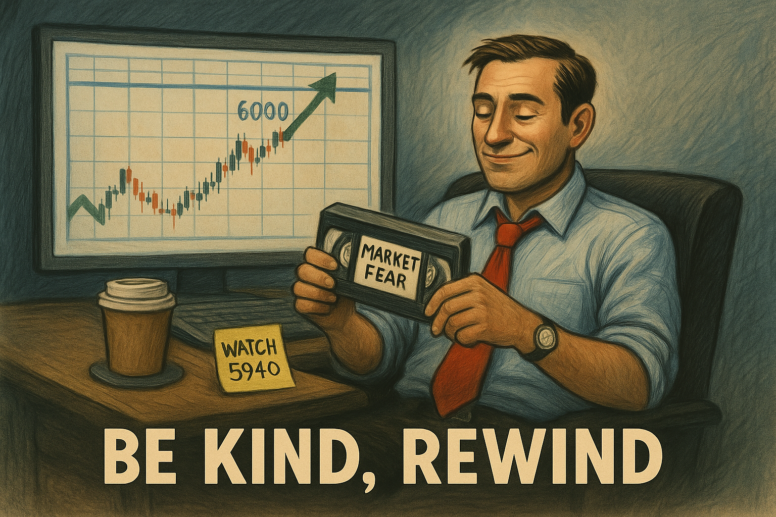 Trader ignores news flow, watches price. Caption: “Be kind, rewind.”
