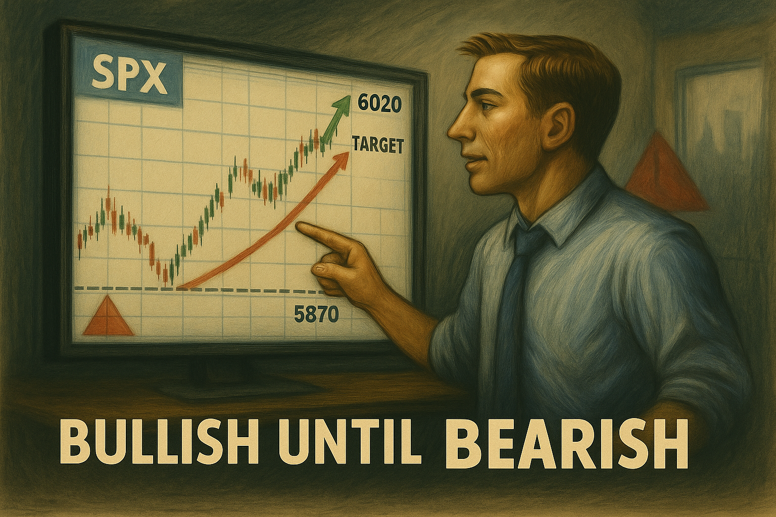 SPX breaks out above range. Red triangle marks reversal zone. Bullish until re-entry.