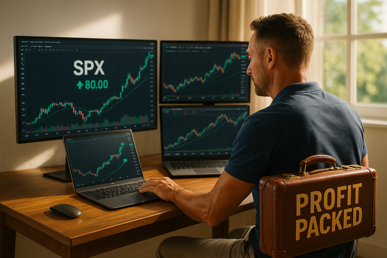 Trader returns to desk after travel, reviewing strong bullish SPX futures on screen.