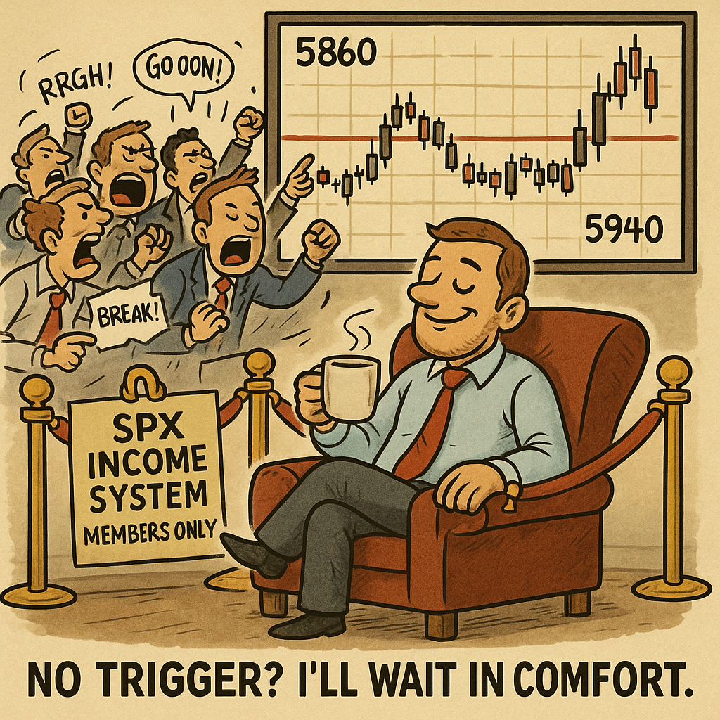 A calm trader ignores market noise while others panic. The chart remains rangebound between 5860 and 5940.